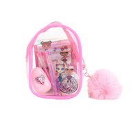 Pink clear stationery pouch with pens and fluffy pom-pom