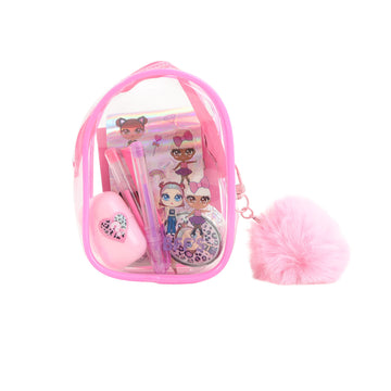 Pink clear stationery pouch with pens and fluffy pom-pom