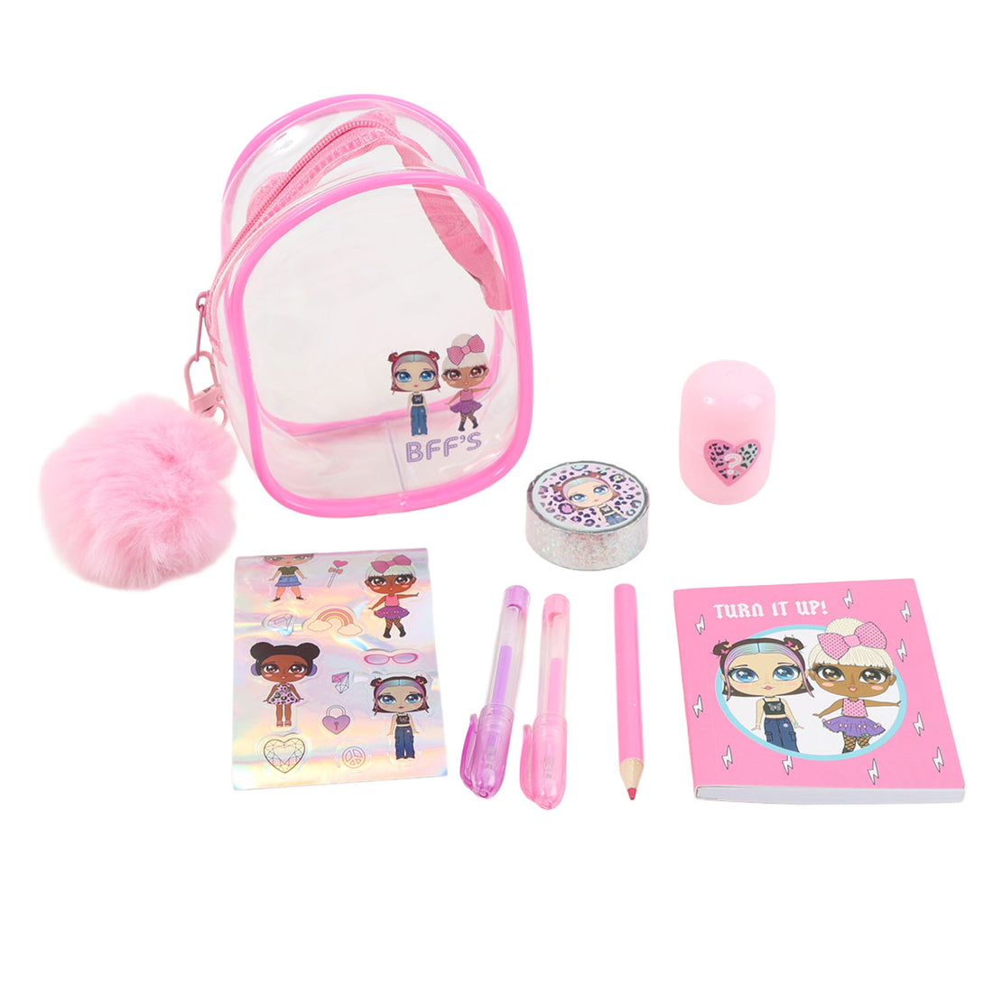 Pink clear zip stationery set with notebooks, pens, pencil, sticker and pom-pom