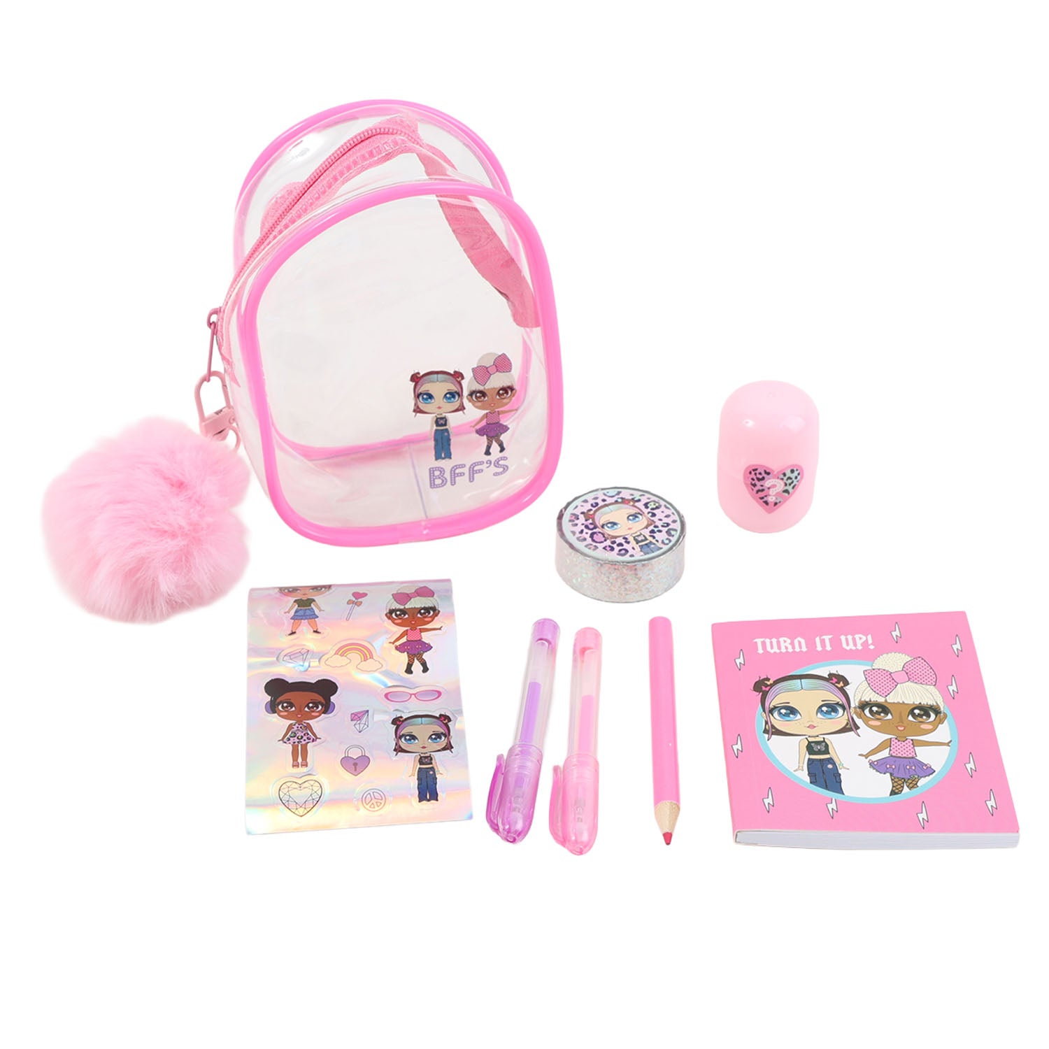 Pink clear zip stationery set with notebooks, pens, pencil, sticker and pom-pom