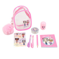 Pink clear zip stationery set with notebooks, pens, pencil, sticker and pom-pom