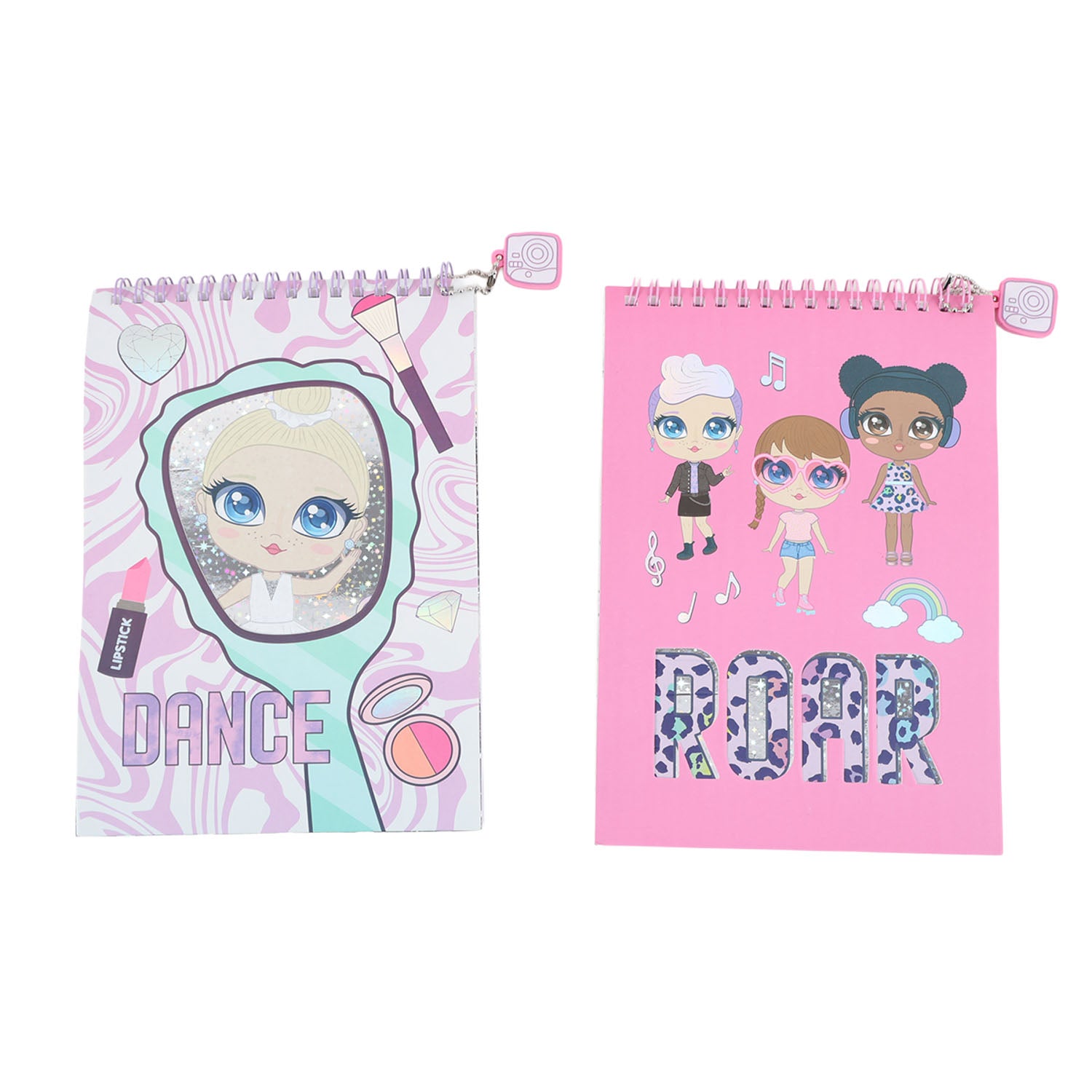 Two spiral flip notebook stickers, left dance design, right 'ROAR' design
