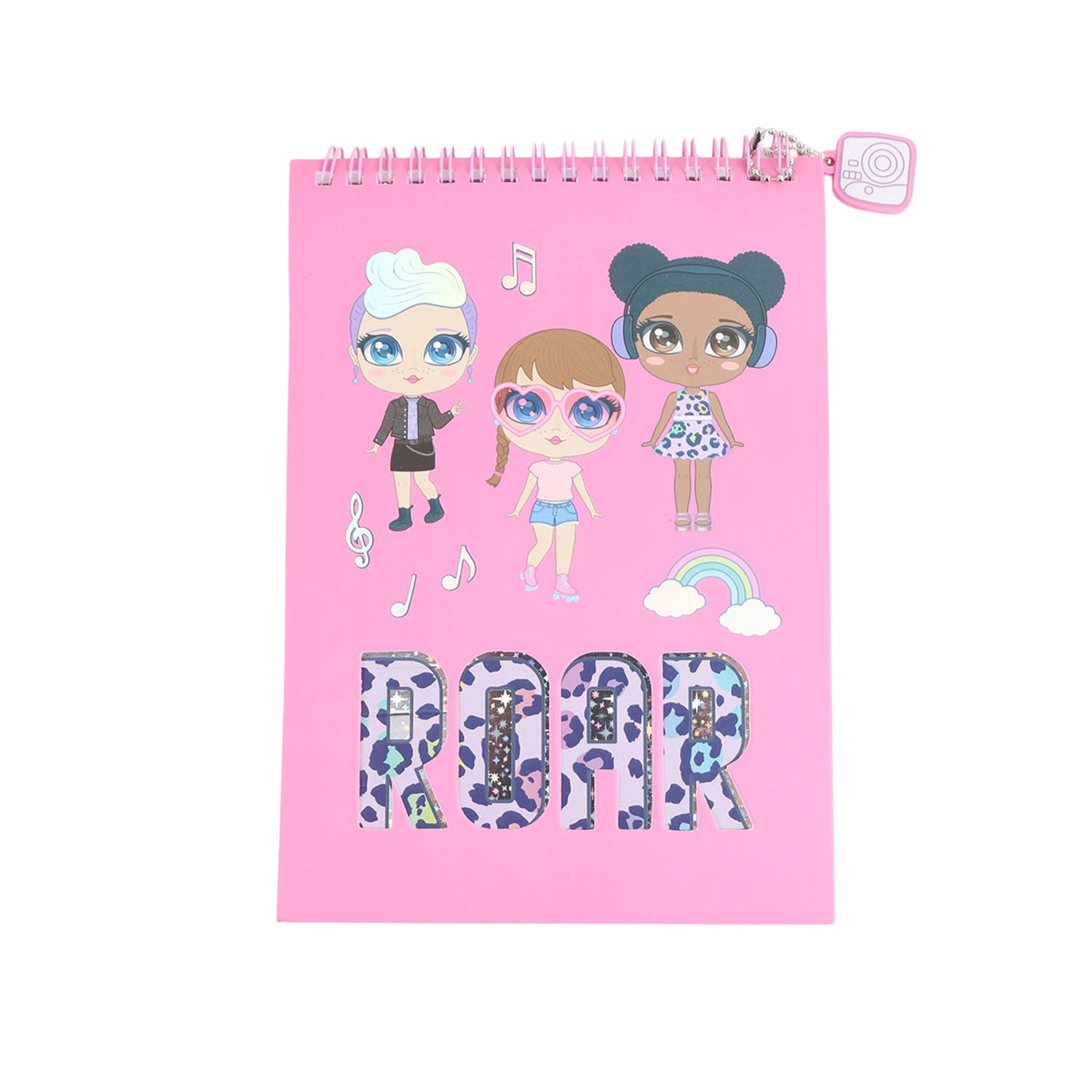 Spiral flip notebook sticker with 'ROAR' title and character trio on pink cover