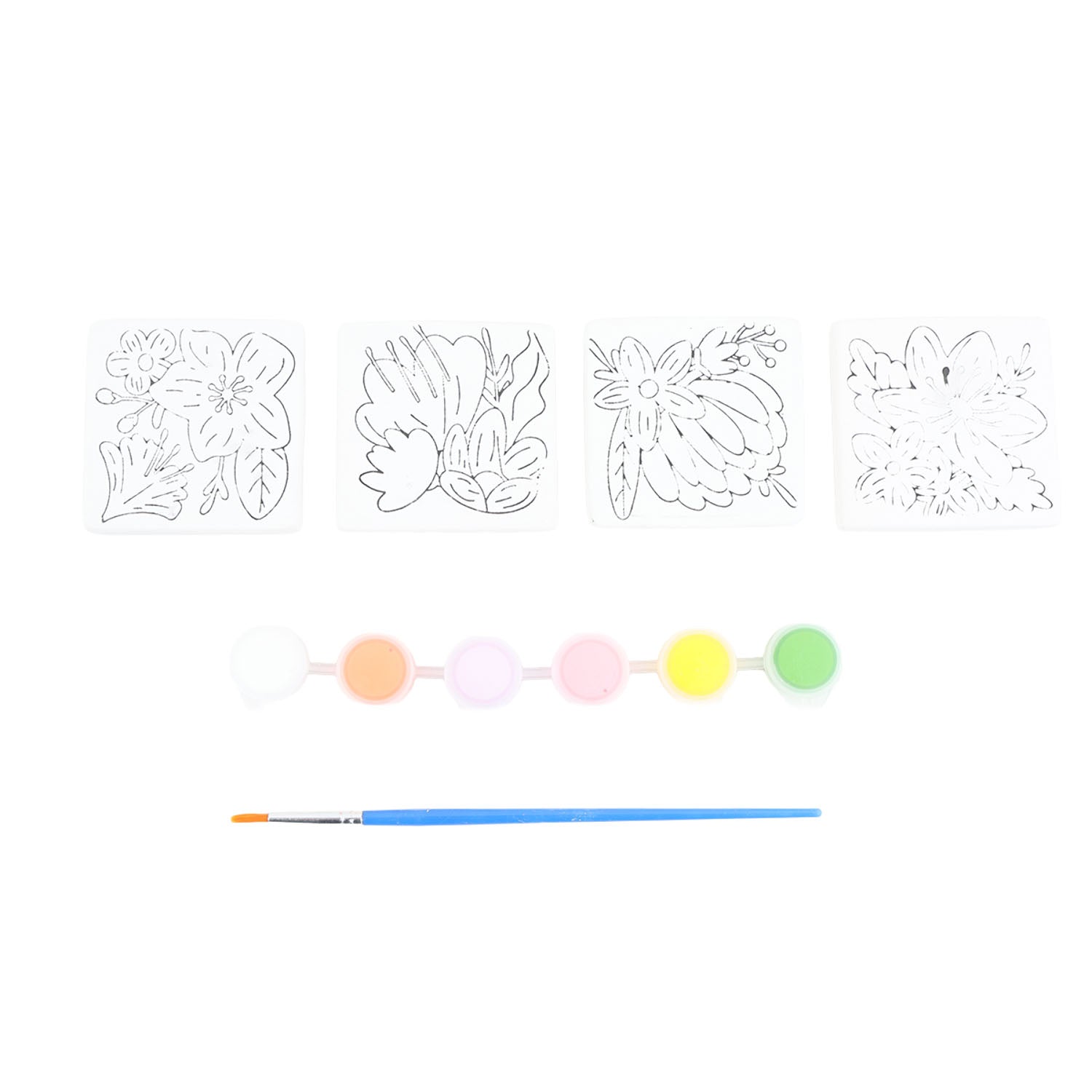 Ceramic magnet set with four white outline designs; colored paint daubs and blue brush