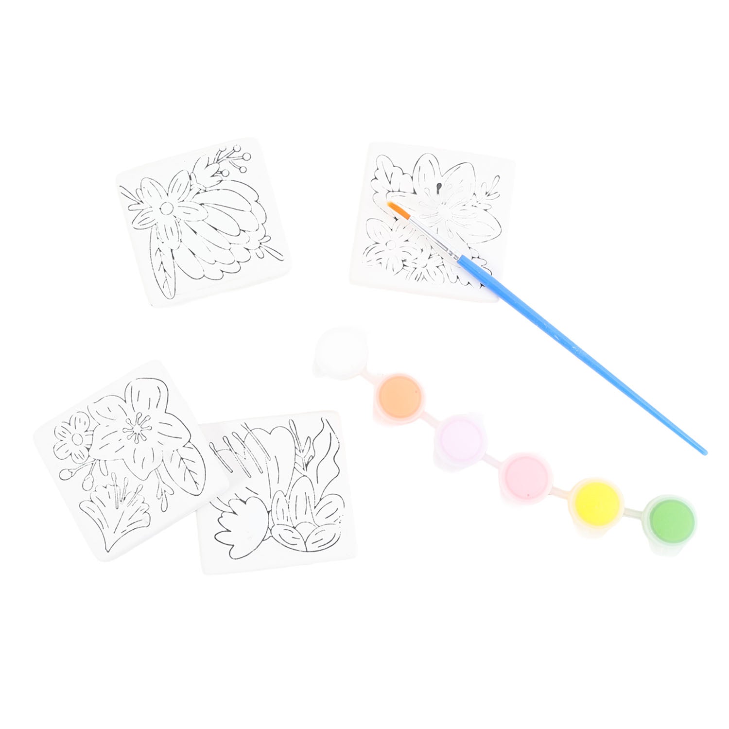 Ceramic magnet craft set with white outline animal tiles, blue brush, pastel paint dabs