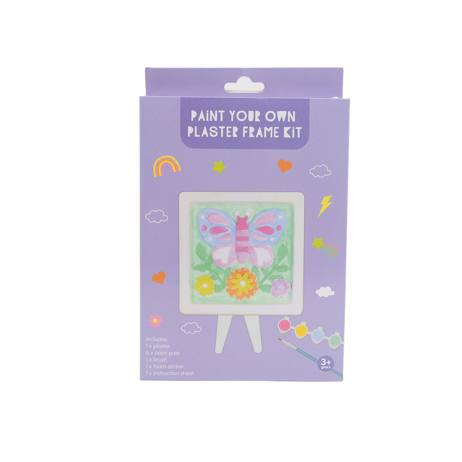 Plaster frame painting kit packaging with pastel palette and butterfly artwork
