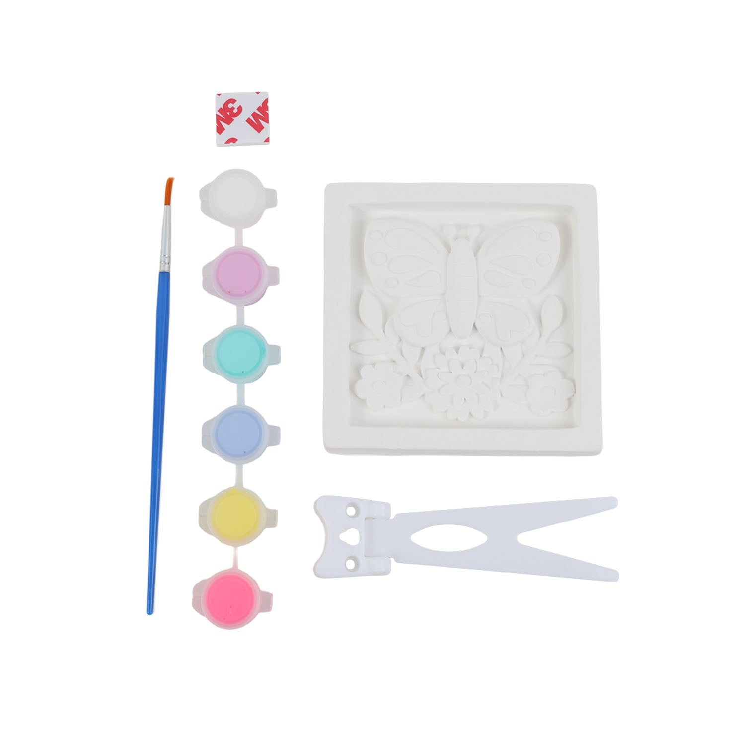 Plaster frame painting kit contents: brush, paint cups, sculpting tools, and butterfly mold