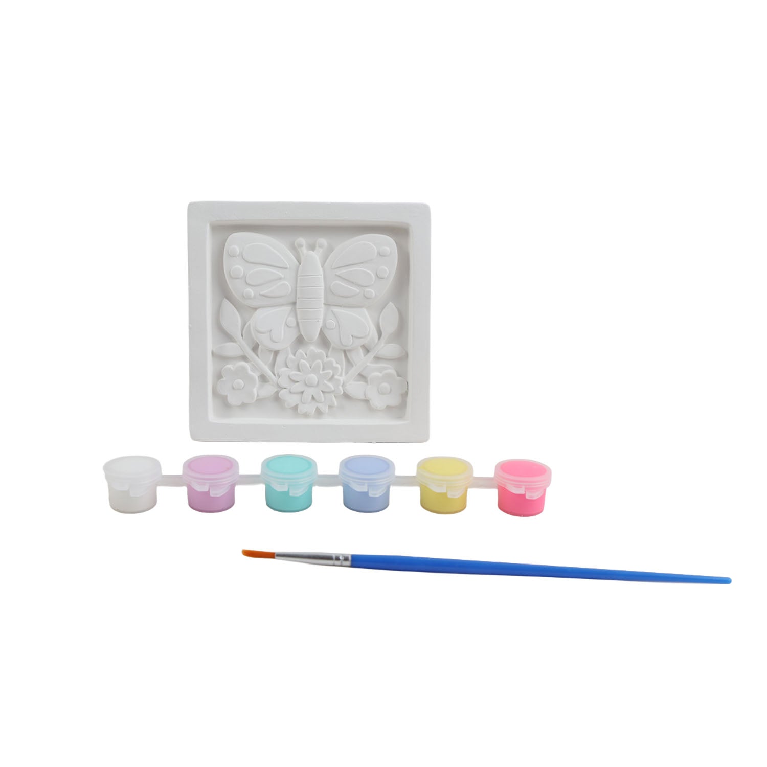 Plaster frame painting kit with white butterfly mold, six paint pots, and brush