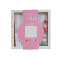 Canvas art kit open box showing paint colors, brush, and printed canvas