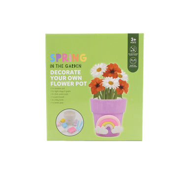 Box for spring flower pot craft kit with purple pot illustration and flowers