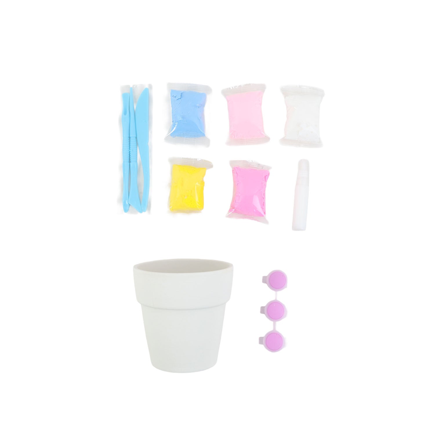 White flower pot with multicolor sand bags and flower pot decorations, including pink pieces
