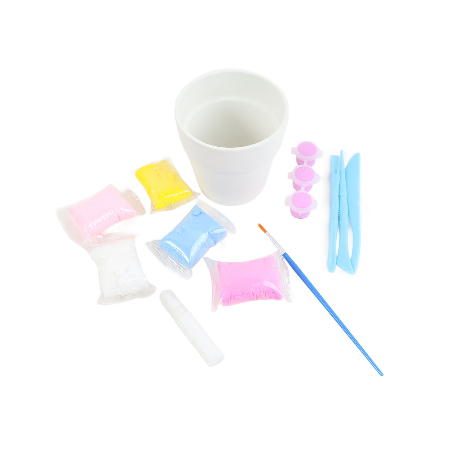 White flower pot craft kit with colorful decor bags, skewers, and plastic accessories