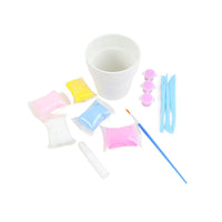 White flower pot craft kit with colorful decor bags, skewers, and plastic accessories