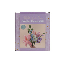 Purple crochet flower making kit box with printed flower design and brand text