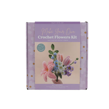 Purple crochet flower making kit box with printed flower design and brand text