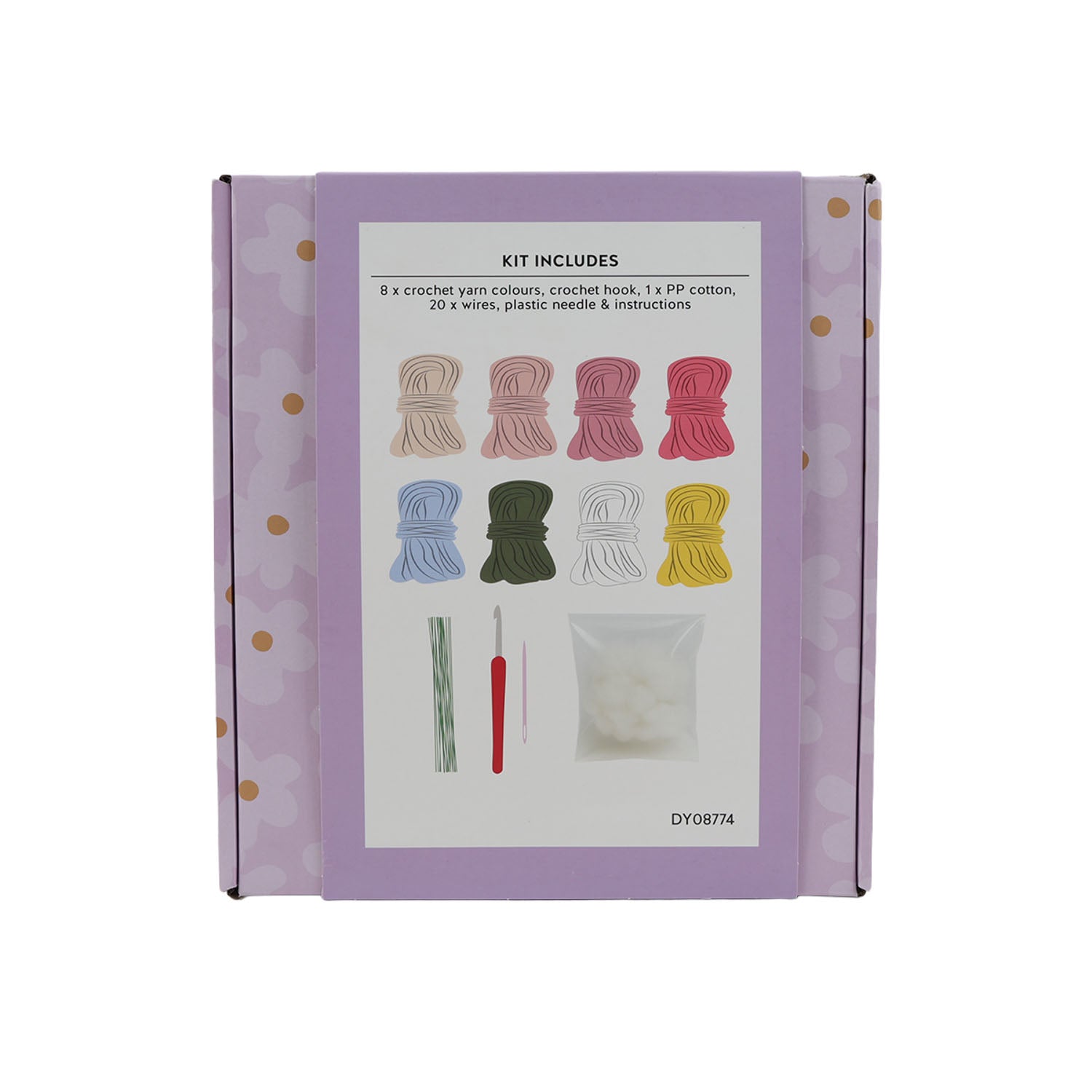 Purple crochet flower kit box back showing included yarn colors, tools, and book