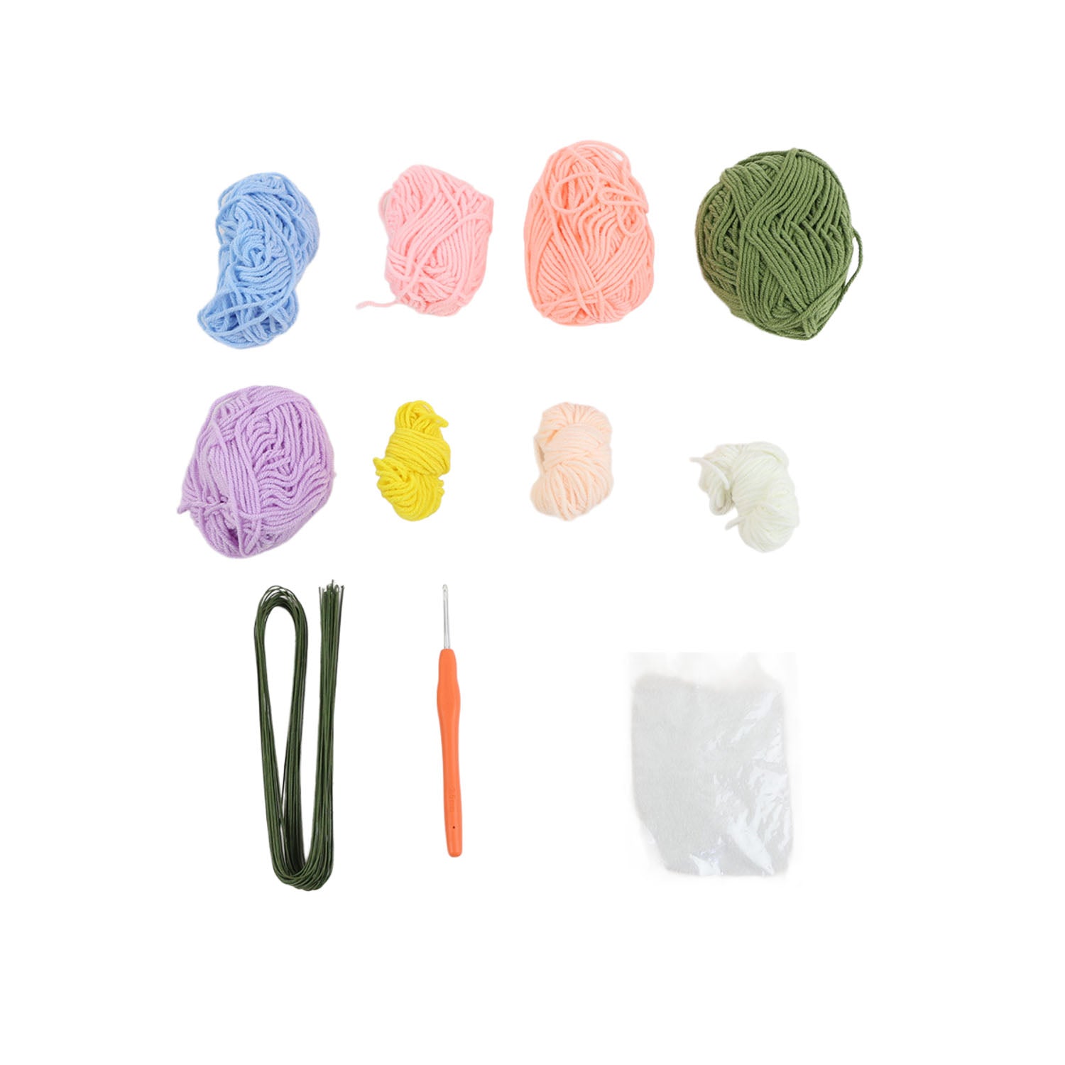 Assorted crochet yarn balls in multiple colors with included tools and plastic bag