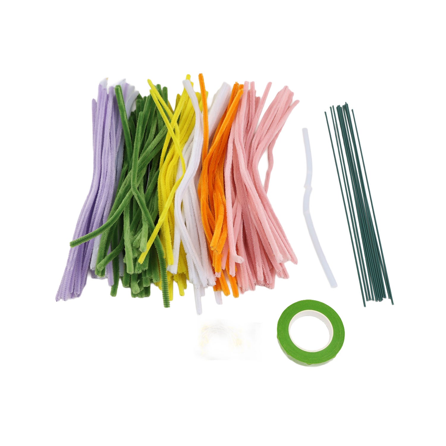 Chenille craft stems in purple, green, yellow, orange, pink with green roll tape