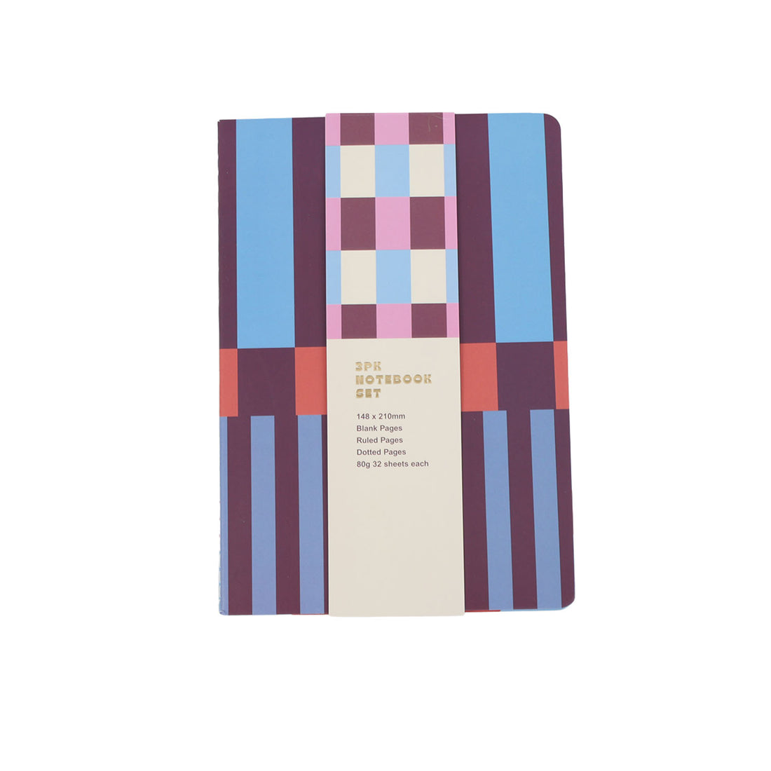 Three-piece notebook set with blue and patchwork checkerboard cover, closed