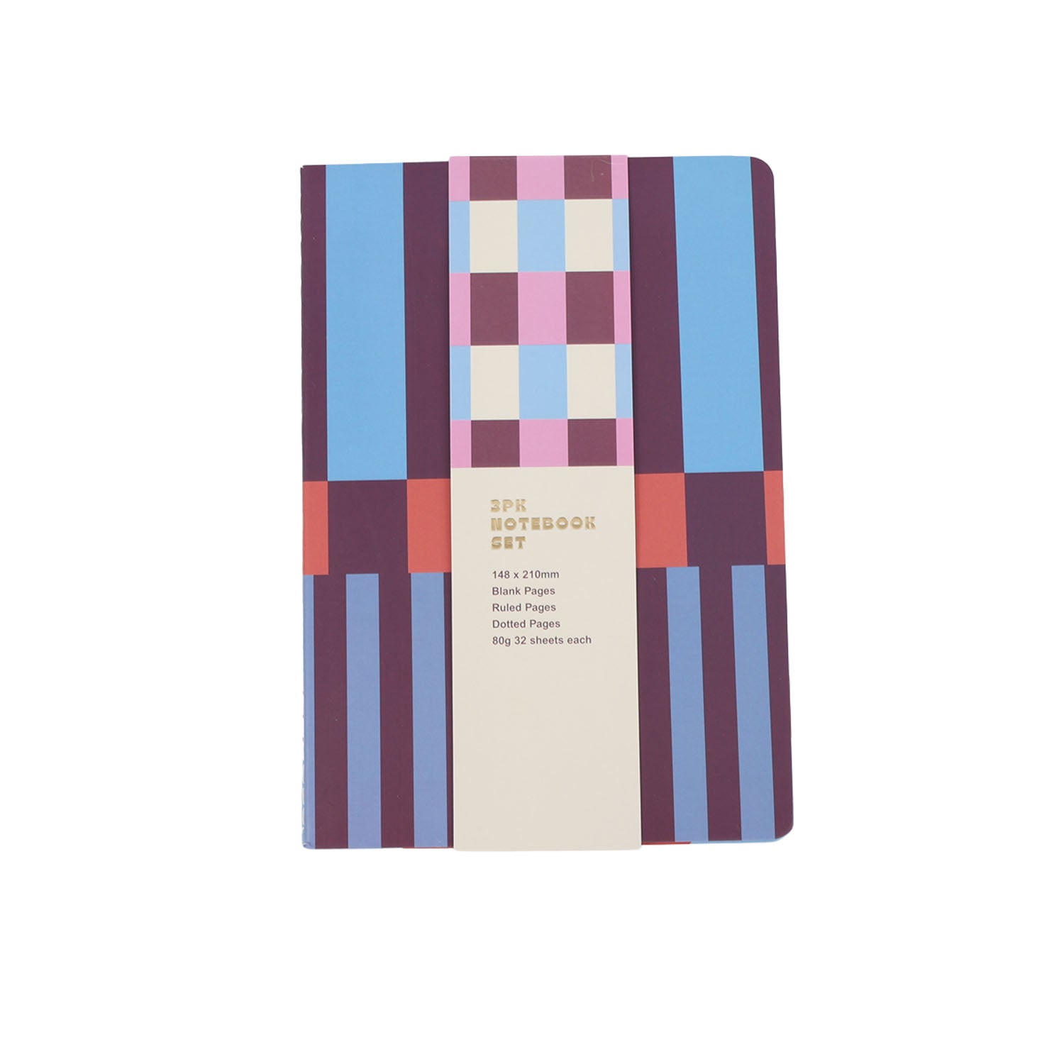 Three-piece notebook set with blue and patchwork checkerboard cover, closed