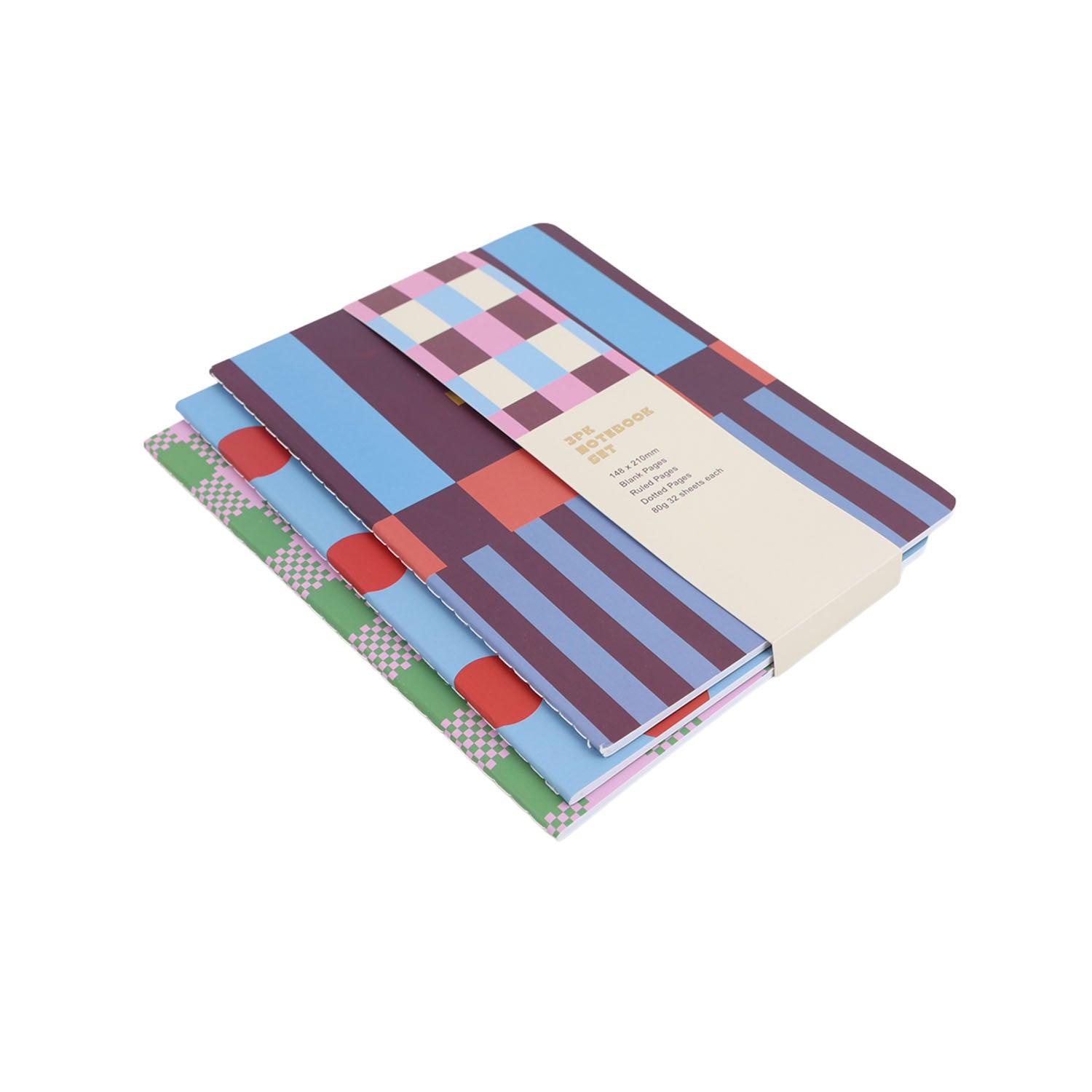 Notebook trio with layered striped covers and patterned spines, angled view