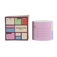 Pastel pink planner sticker tape roll with printed designs, shown with box