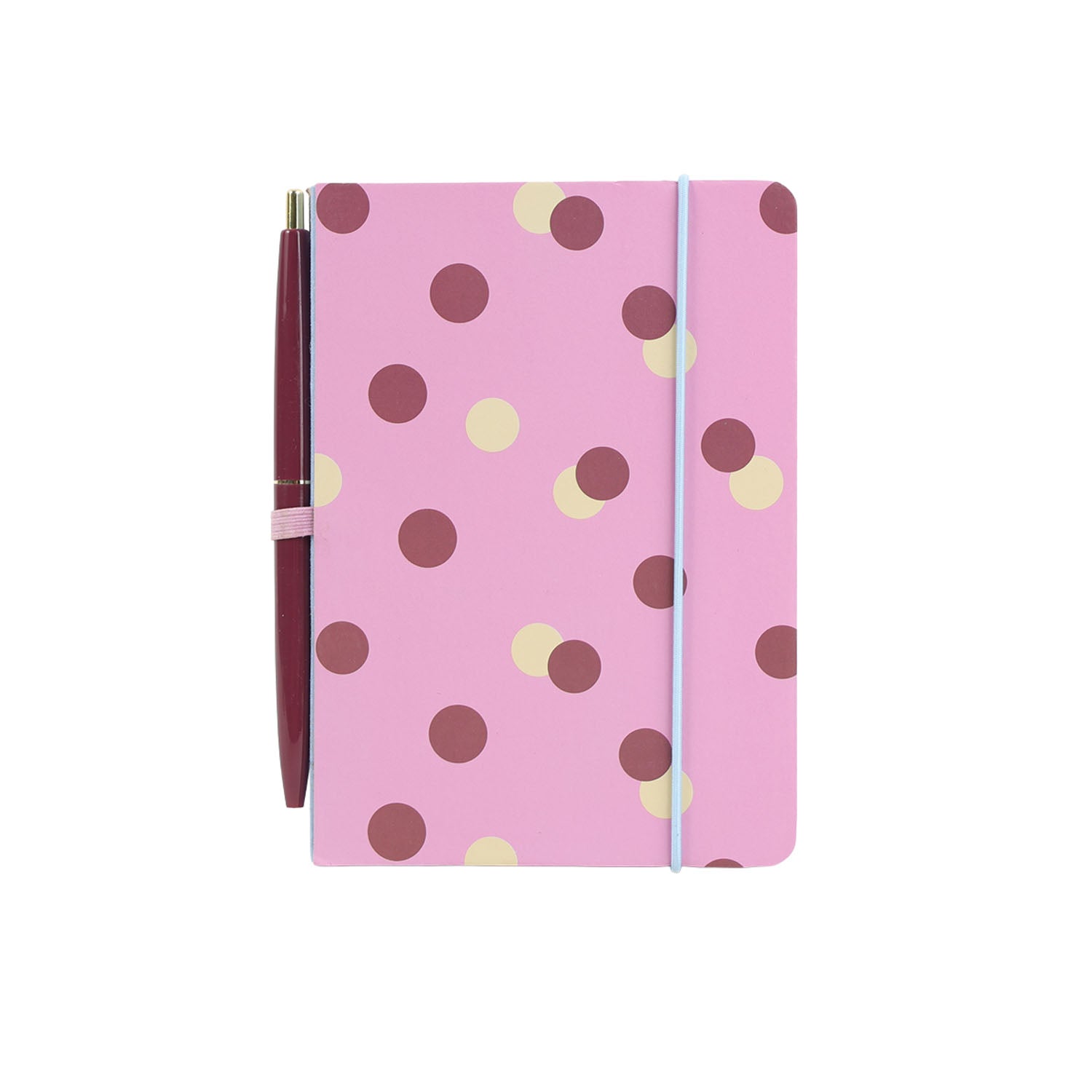 Pink polka-dot notebook with attached maroon pen, stationary kit