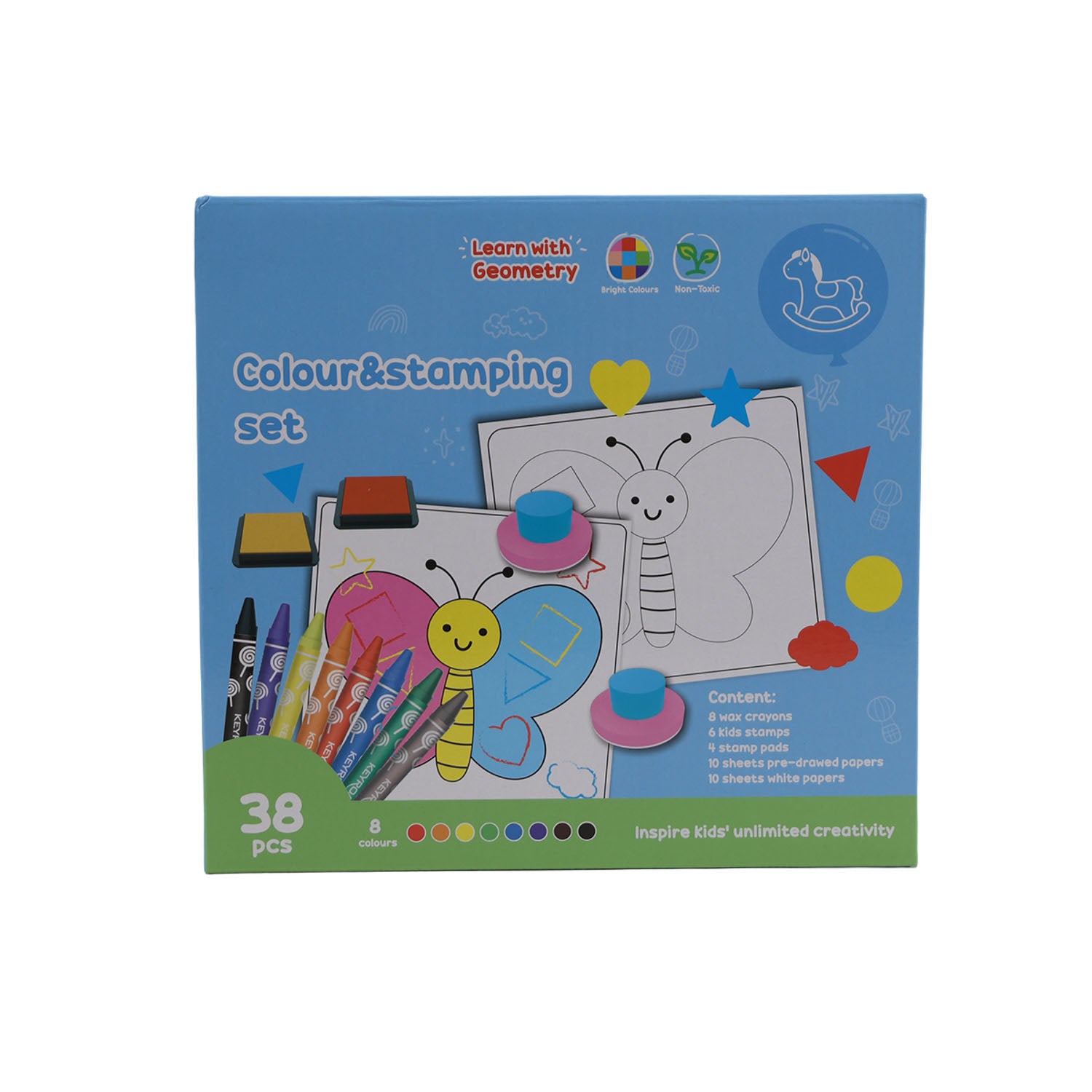 Blue children's stamping craft kit box with illustrated stencil, crayons, and ink pads
