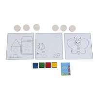 Kids stamping set with three stencil sheets, multiple ink pads, and mini crayon pack