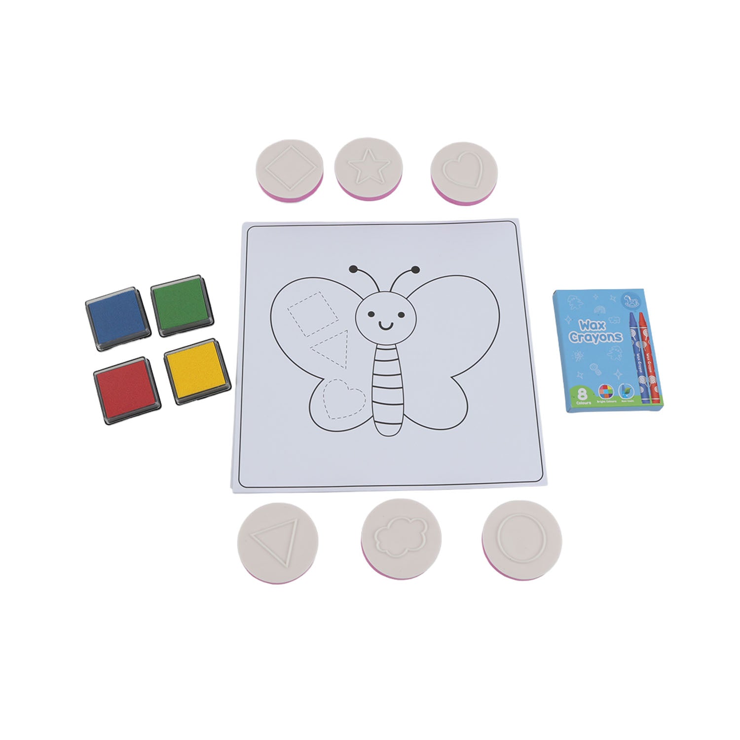Children's stamping set with blank animal stencil board, stamp pads, and crayons