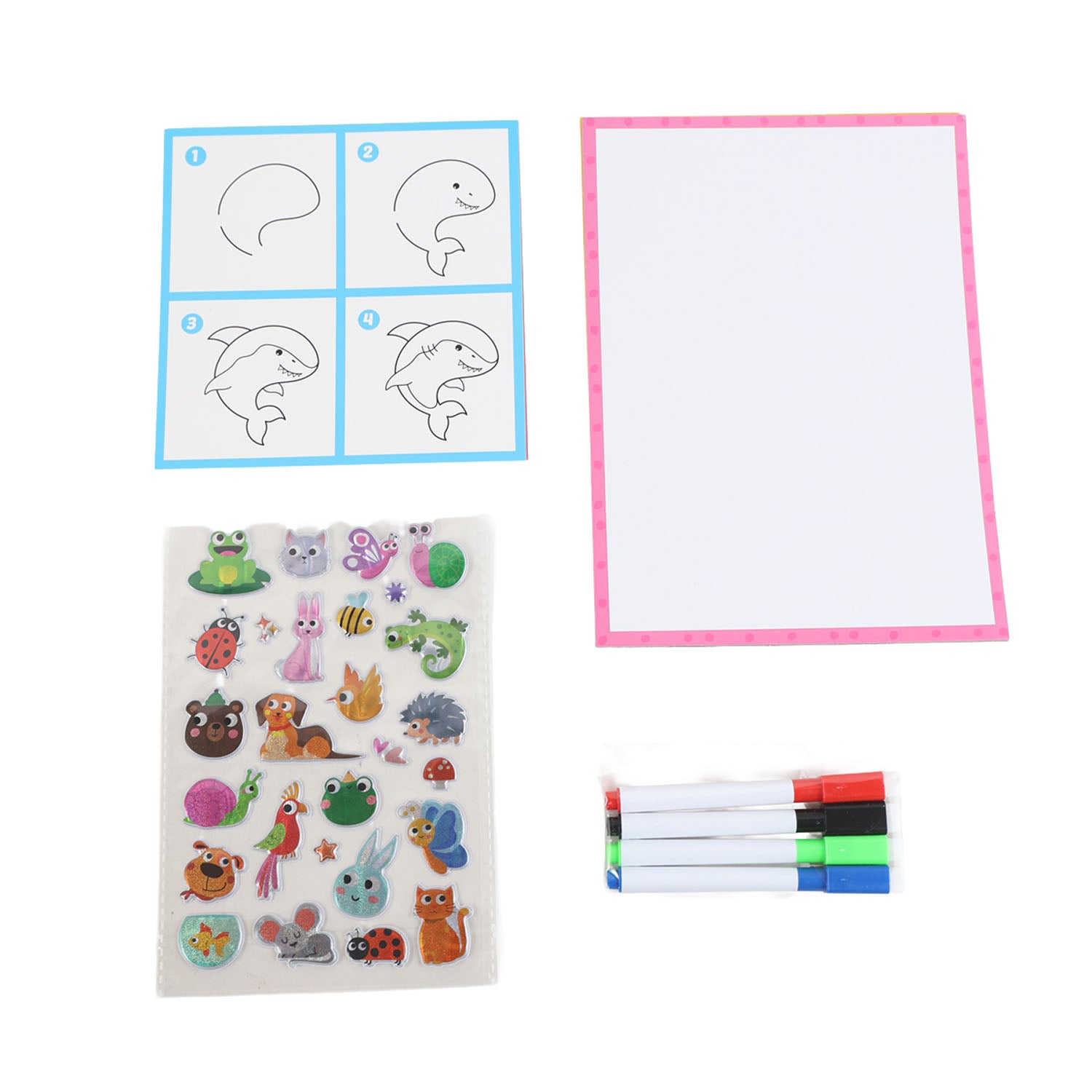 Kids whiteboard drawing set showing pink blank board, blue animal outlines, stickers, markers