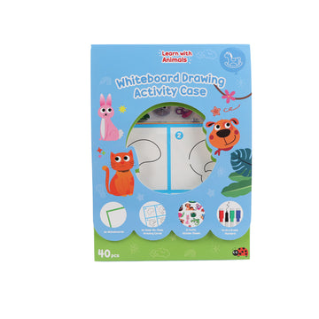 Whiteboard drawing activity set box with cartoon animals and kid marker graphic