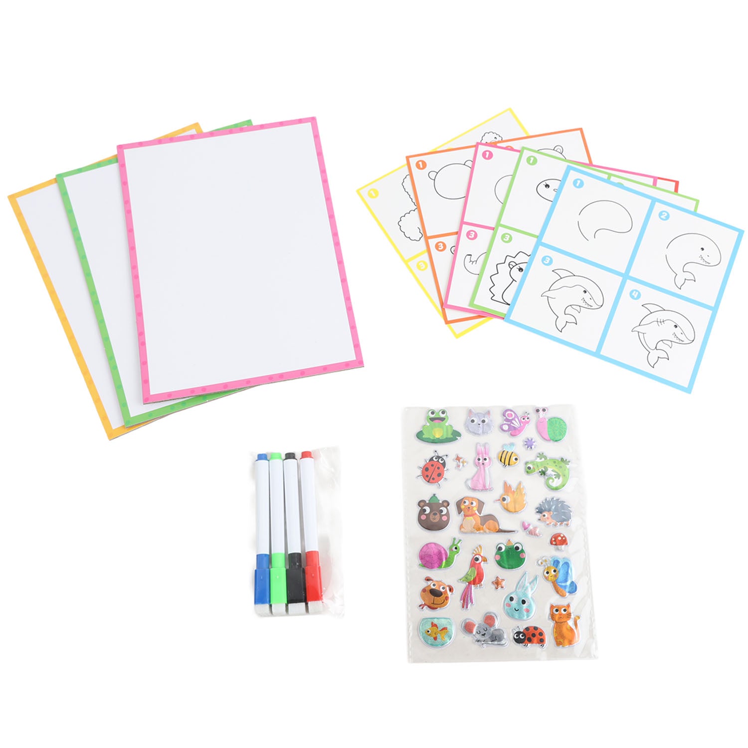 Kids whiteboard drawing set with blank boards, animal outlines, stickers, and 4 markers