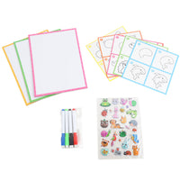 Kids whiteboard drawing set with blank boards, animal outlines, stickers, and 4 markers