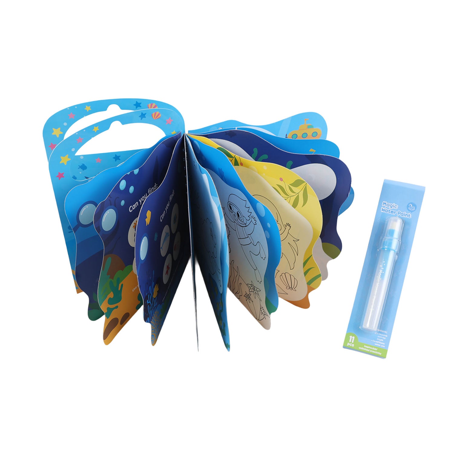 Children's magic water paint book with folded pages and blue water pen