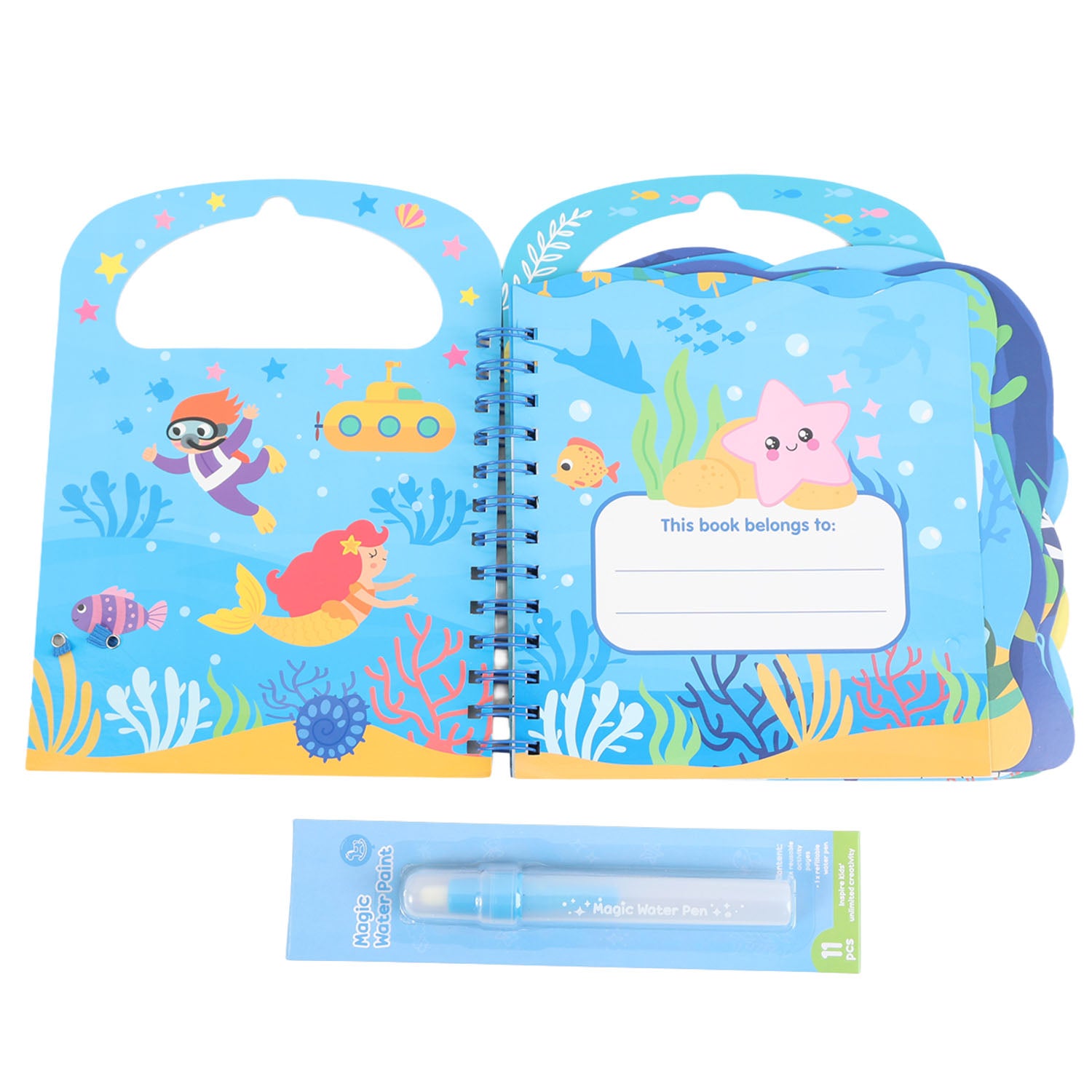 Opened water-reveal painting book with sea animal illustrations and blue marker