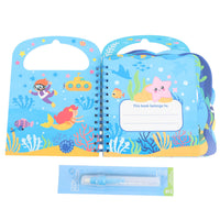 Opened water-reveal painting book with sea animal illustrations and blue marker