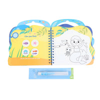 Opened magic water paint book with line-drawing page and blue marker pen