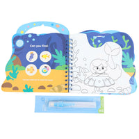 Opened water painting book with underwater scene pages and blue marker pen