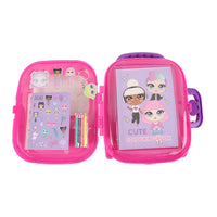 Open pink stationery set case with character sticker sheets and coloring book