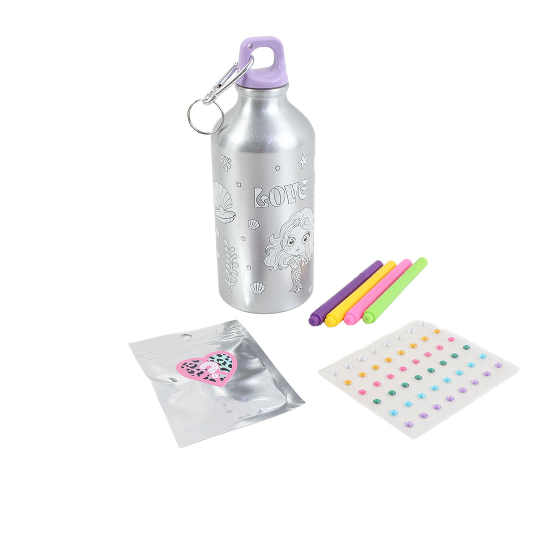 Silver water bottle with purple lid, multicolor markers and two heart color sachets