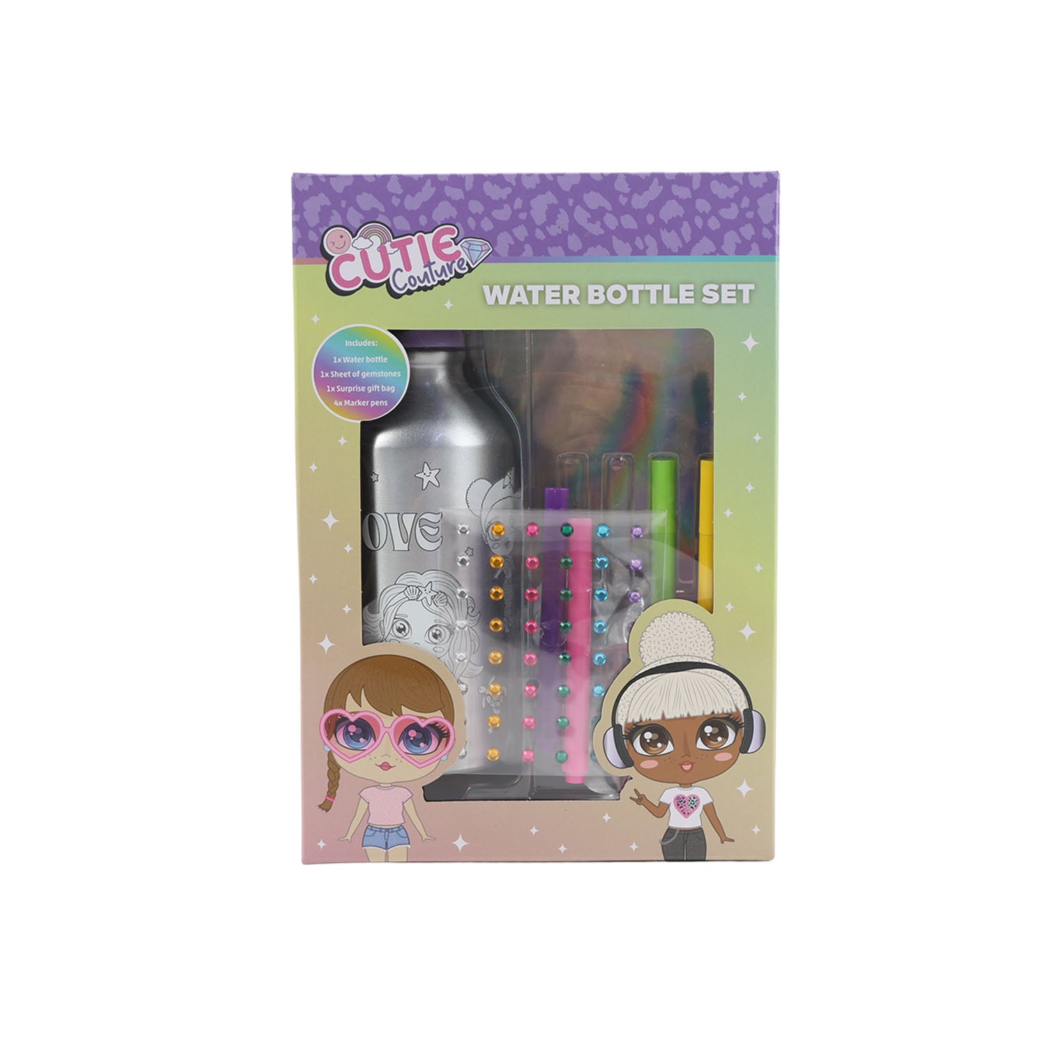 Kids coloring water bottle set box showing bottle, bead sheets, and marker set