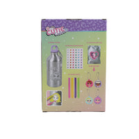 Kids coloring water bottle set box front/back view with bottle, marker colors, and tools