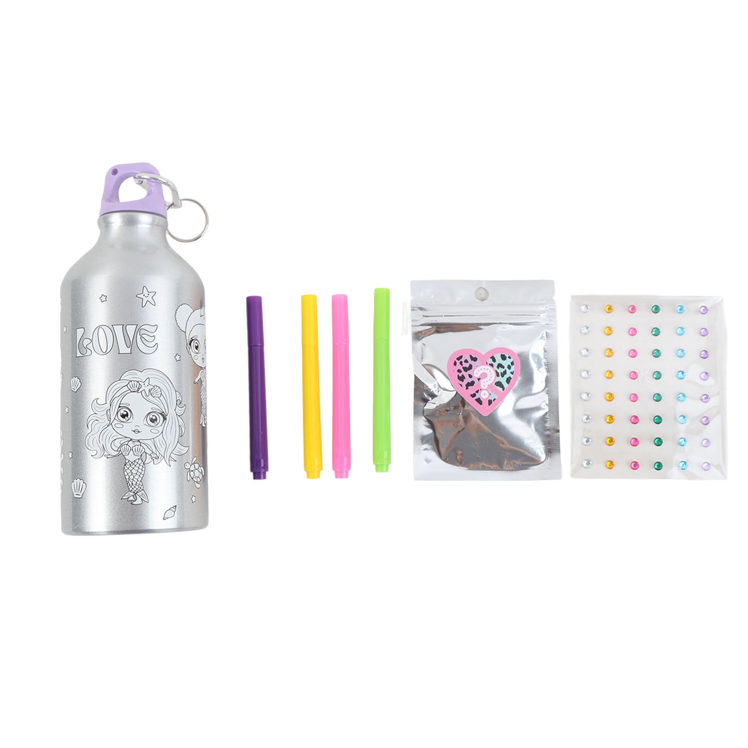 Silver water bottle with purple cap, coloring markers and heart sticker packs