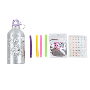 Silver water bottle with purple cap, coloring markers and heart sticker packs