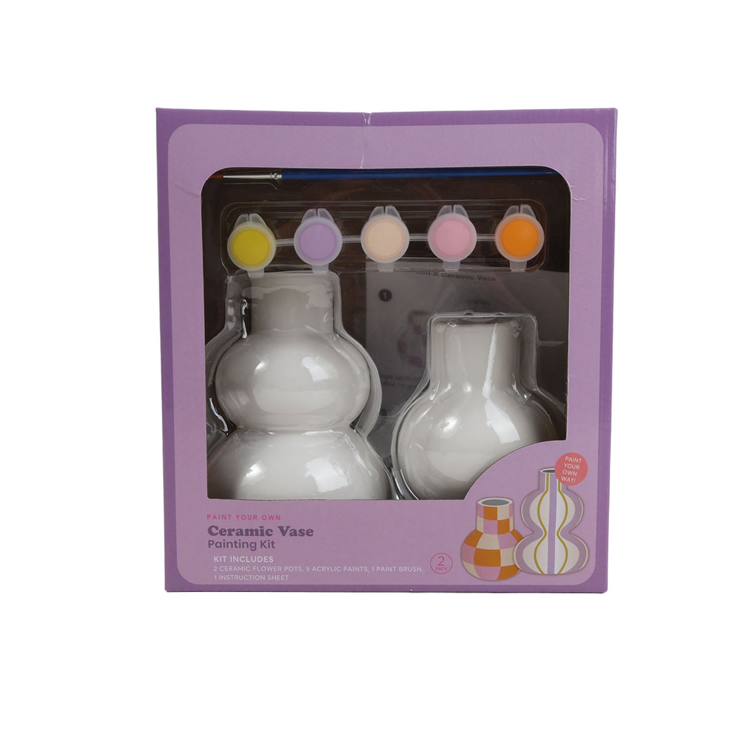 Ceramic vase painting kit box with two white vases and paint color pots inside