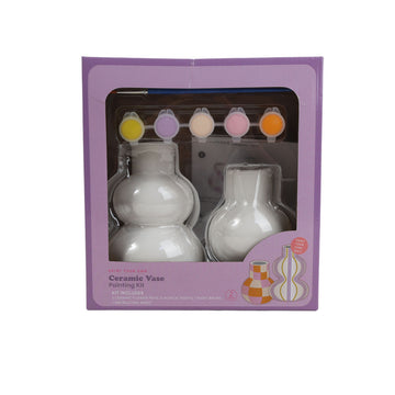 Ceramic vase painting kit box with two white vases and paint color pots inside