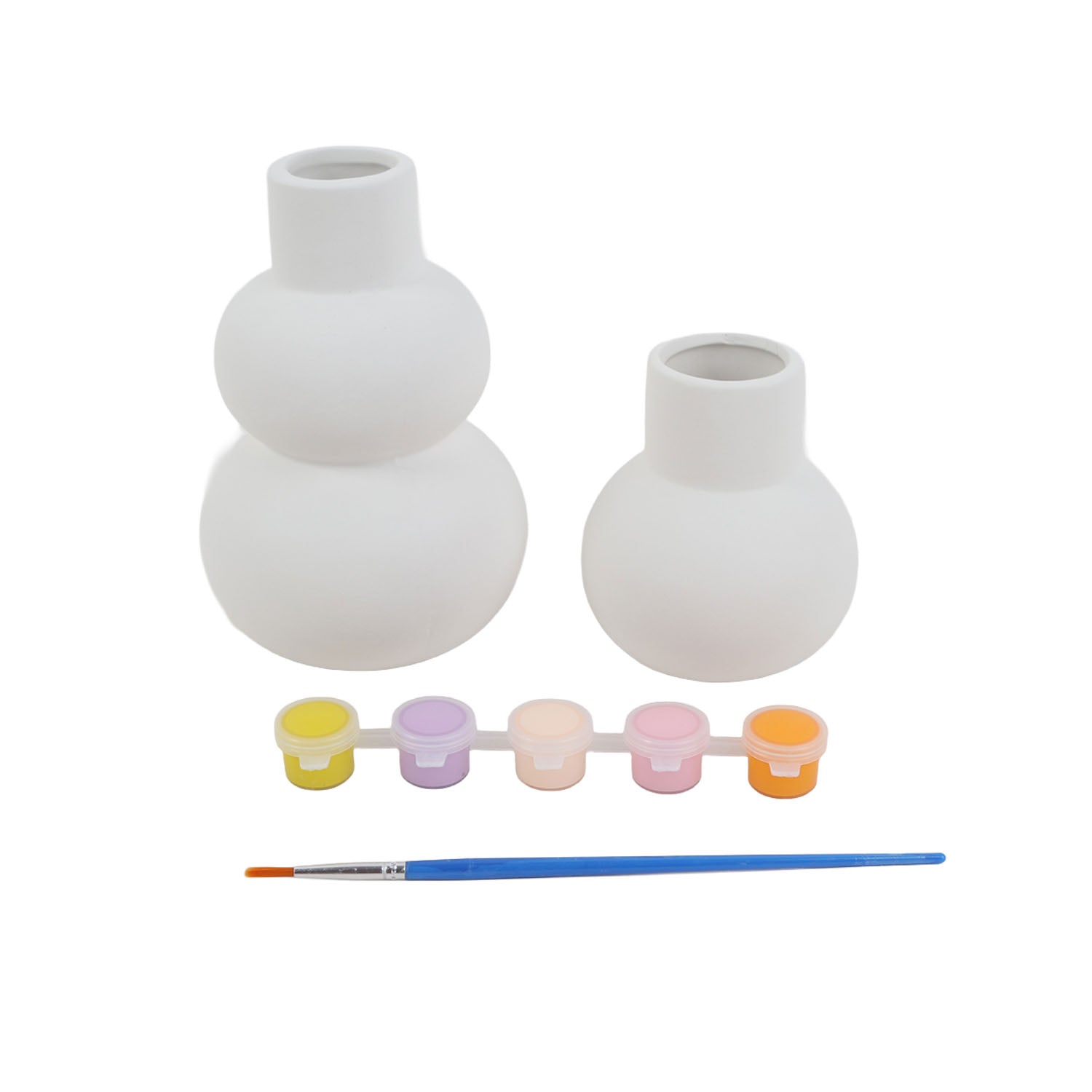 White ceramic vase painting kit with two vases, five paint pots, and blue brush