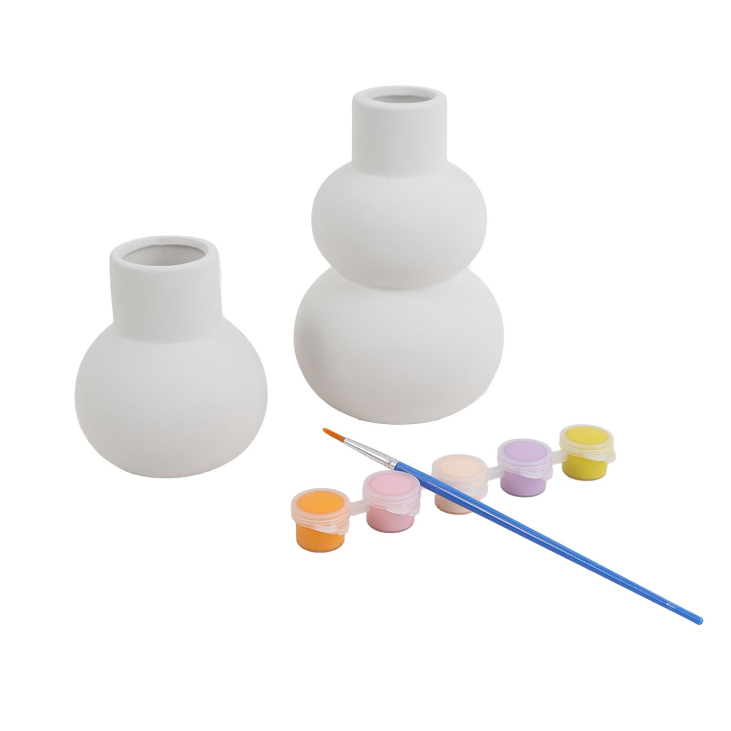 White ceramic vase painting kit featuring two vases, small paint pots, and blue brush