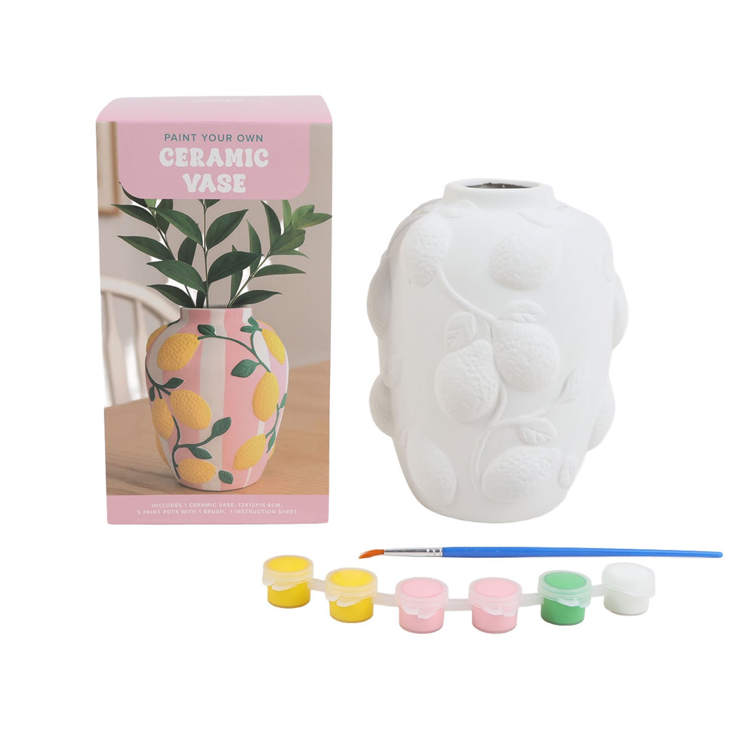 White ceramic vase, paint pots, and blue paintbrush included in the kit